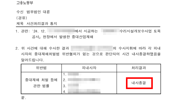 중대산업재해 내사종결 통지