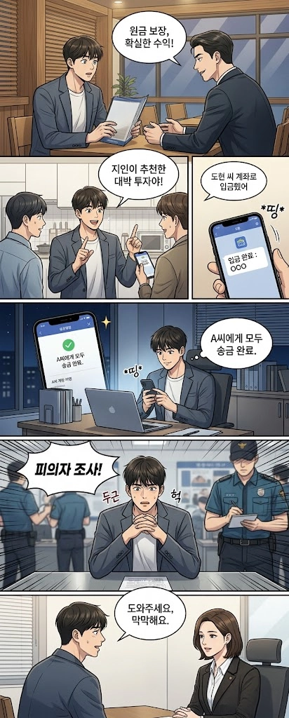 유사수신행위 사건에서 투자금 모집 방식과 자금 흐름을 확인하는 과정을 설명하는 이미지