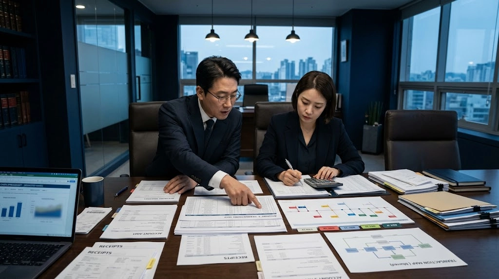 횡령 경찰조사를 앞두고 계좌내역과 사용처를 정리하는 방법을 설명하는 이미지