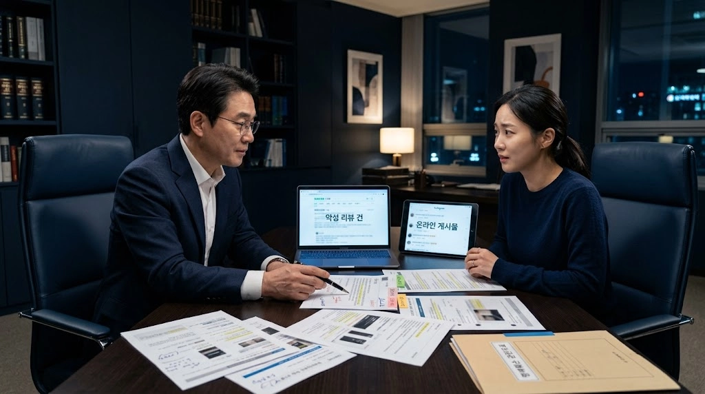 1. 업무방해죄처벌 사건의 피의자 대응 전략과 증거 검토 방법을 설명하는 이미지