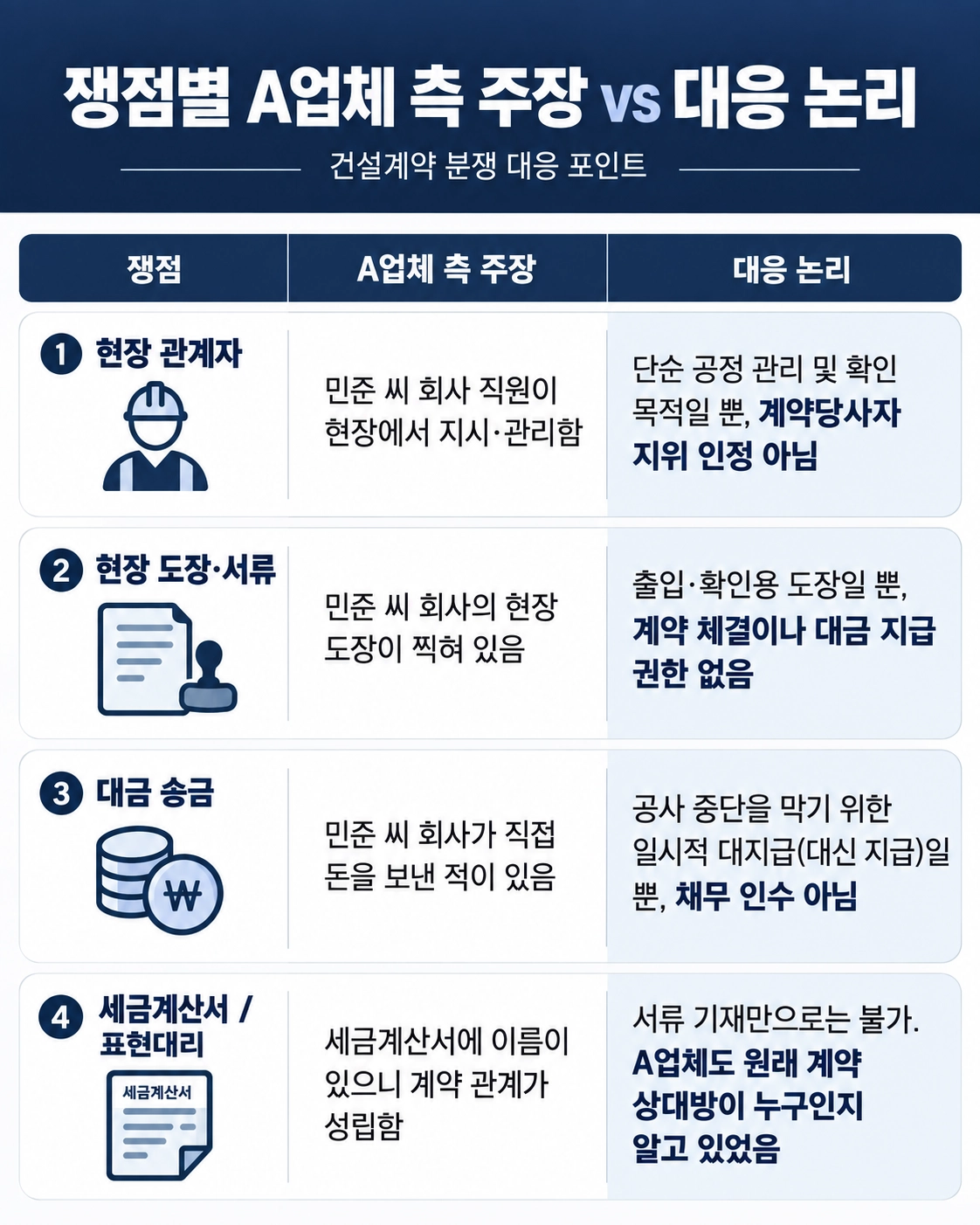 건설계약 분쟁을 예방하기 위해 계약서에 명확히 정해야 할 사항을 정리한 이미지