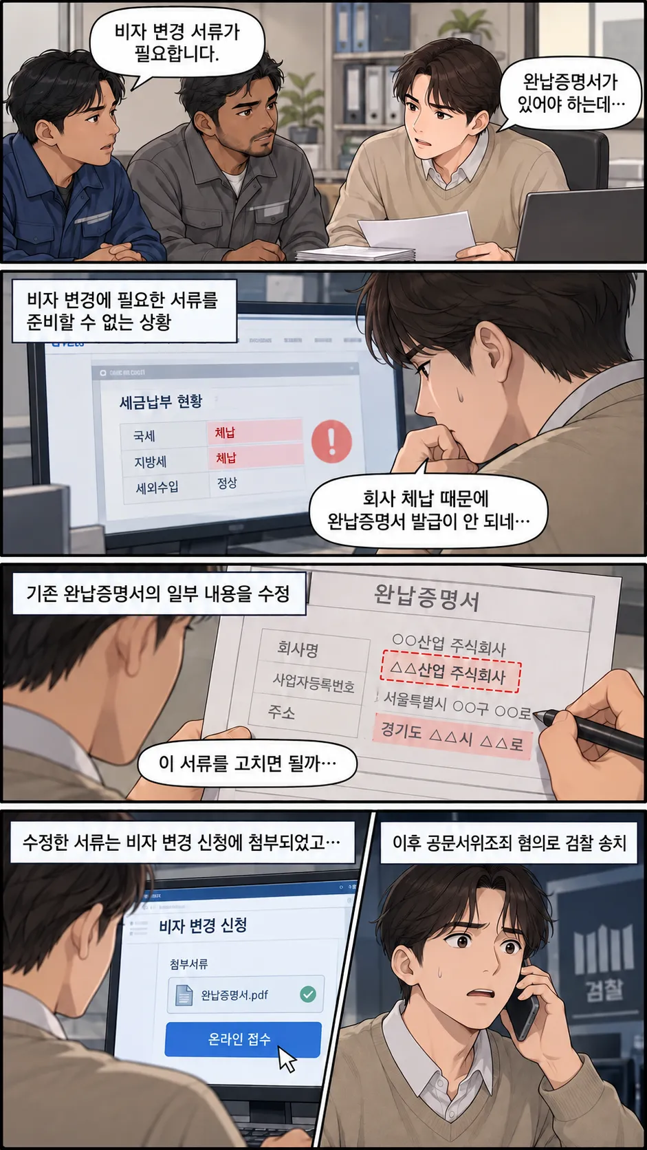 비자 변경 업무 중 문서 수정으로 공문서위주죄 혐의