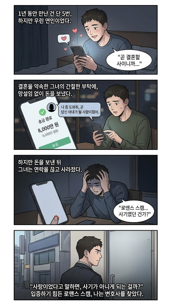 로맨스스캠처벌을 위해 대화 내용과 송금 내역을 증거로 확보하는 이미지