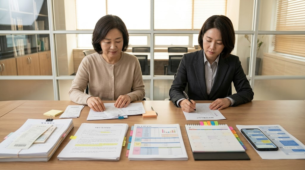 일산법무법인이 민사·형사·가사 사건의 증거자료를 검토하는 이미지