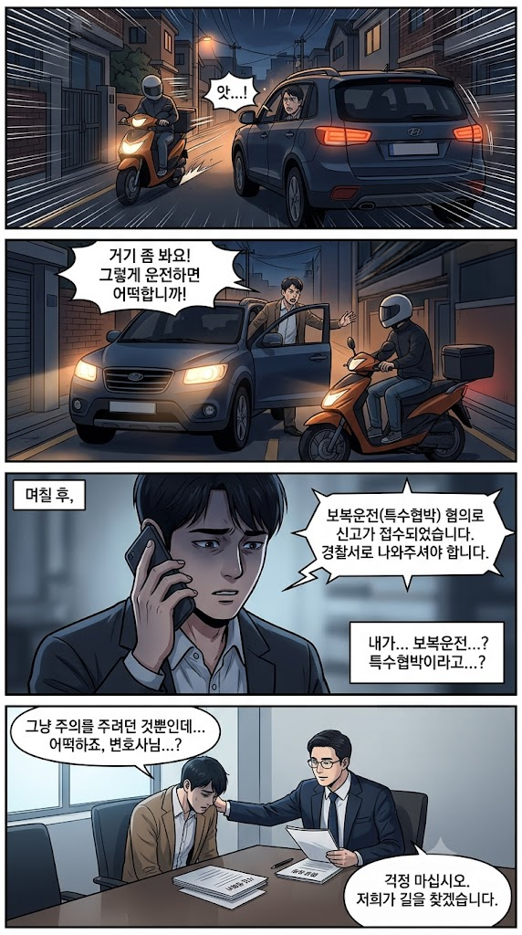 보복운전의 성립요건과 특수협박·특수폭행 적용 가능성을 설명하는 이미지