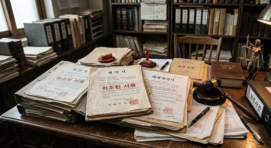 사문서위조죄 혐의에 효과적으로 대응하기 위한 절차와 전략을 정리한 이미지입니다.