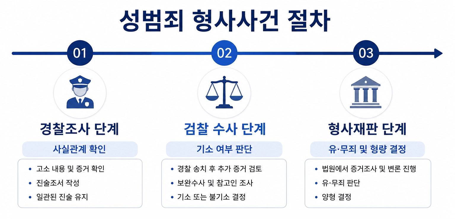 성범죄 사건 발생 시 대응 절차와 준비사항을 정리한 안내 이미지입니다.