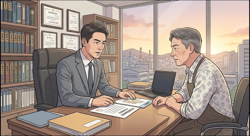 울산부동산변호사가 부동산 계약서와 분쟁 관련 자료를 자세히 검토하는 장면