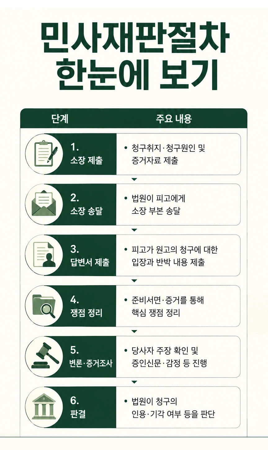 민사재판절차에서 준비해야 할 증거자료와 주요 대응 방법을 설명하는 모습