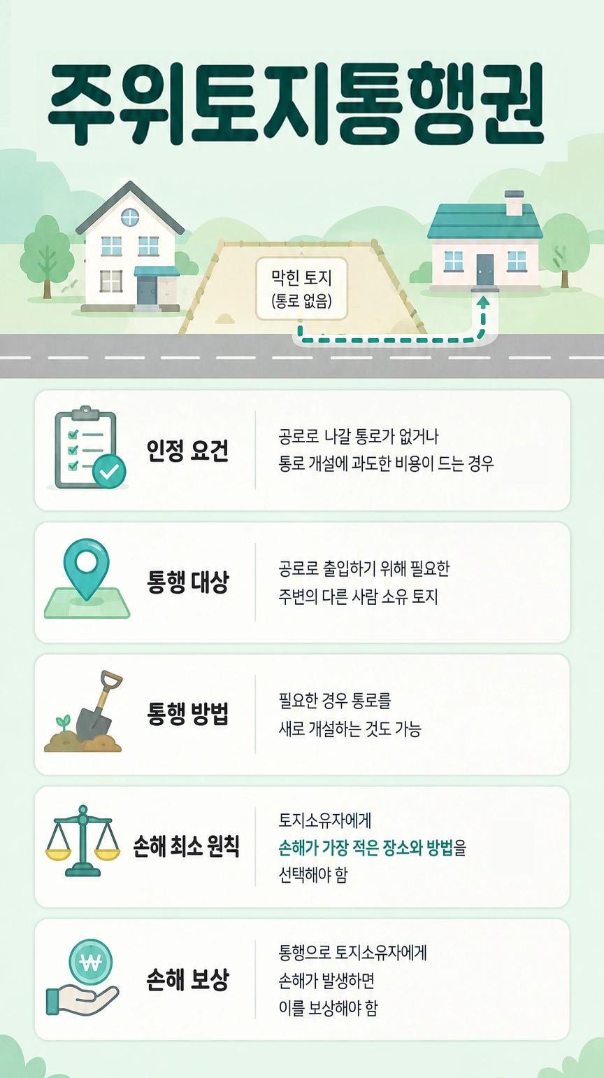 주위토지통행권을 행사할 때 주변 토지의 손해를 줄이는 통행 방법을 검토하는 모습