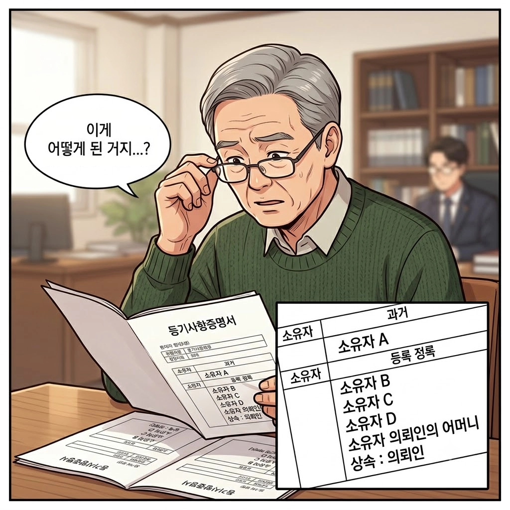 소유권말소등기 청구를 위해 부동산 등기부와 소유권 변동 내역을 확인하는 모습