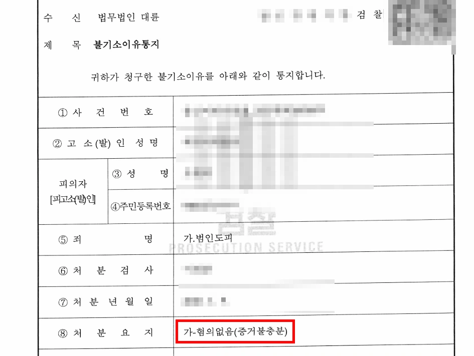 범인도피죄 대응 결과 불기소
