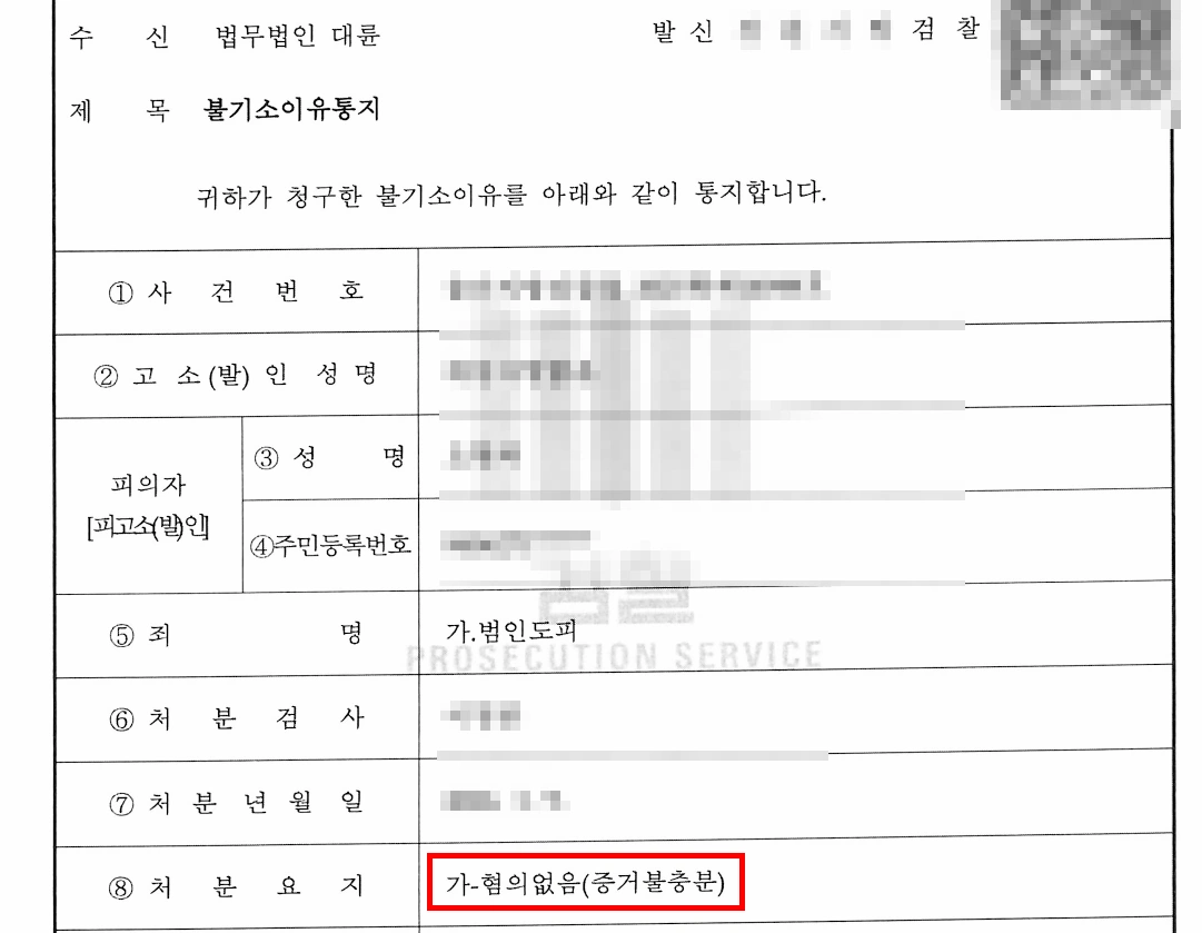 범인도피 혐의 대응 결과, 불기소